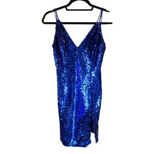 Liv Foster Blue Sequin Mini Dress with leg slit Size 4